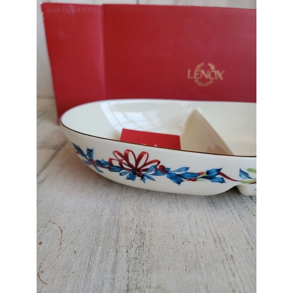 Lenox NEW divided‎ oval Bowl mistletoe winter greetings Xmas kitchen home decor - Picture 2 of 9